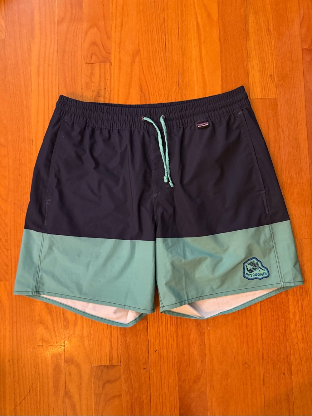 Patagonia Navy and Mint Colorblock Swim Shorts